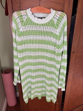 4SI3NNA Open-Knit Striped Crewneck Sweater Dress in Green & White